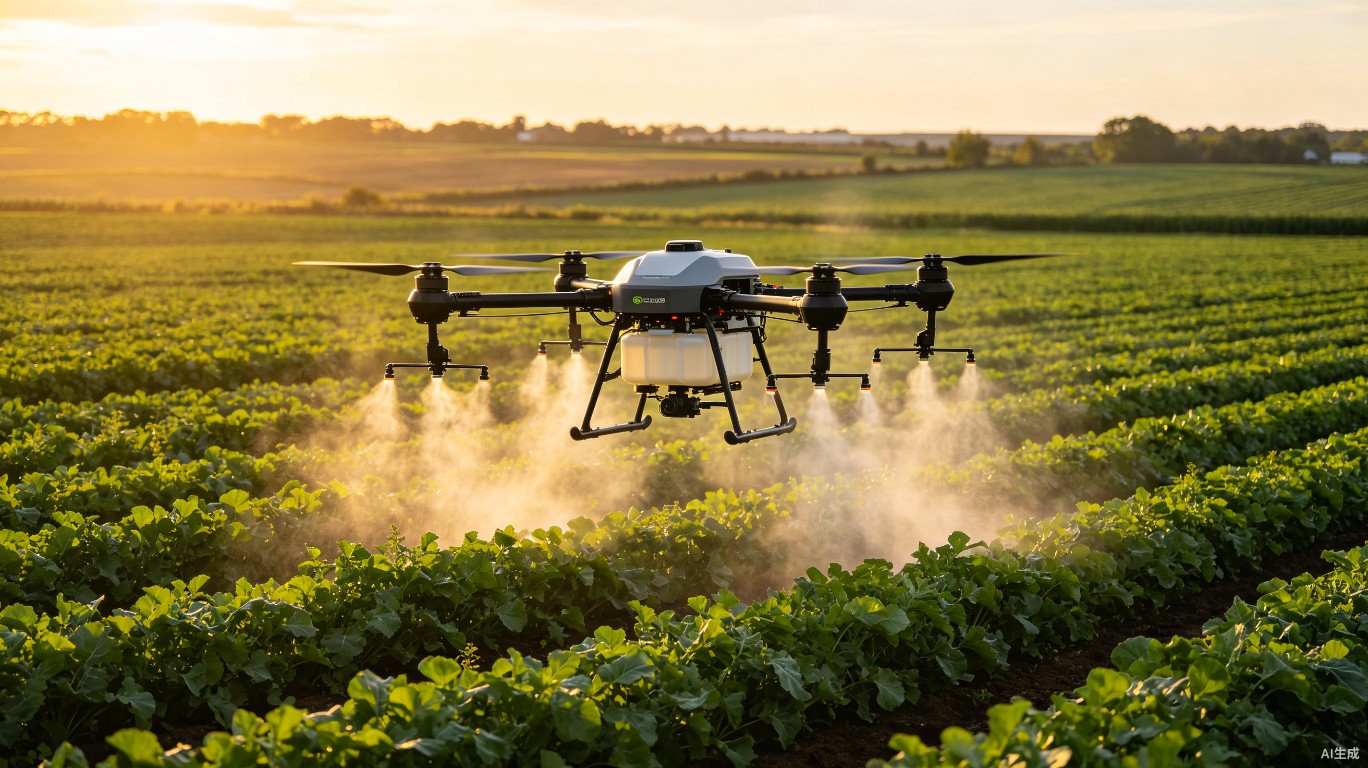 Agricultural drone spraying pesticides over crop fields