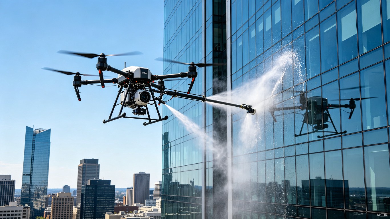 Drone cleaning building exterior glass wall